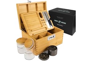 Viking Factory Caja Grande de Bambú con Cerradura de Combinación, caja Decorativa para el Hogar, con Bandeja | Tarros de vidrio | Herramienta de Accesorios(24 * 18 * 14cm)