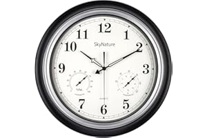 ‎SKYNATURE Gartenuhr Wetterfest Outdoor, 45cm Retro Große Wasserdichte Wanduhr mit Thermometer und Hygrometer, Leise Ohne TickgeräUsche Analog Uhr, Dekor für Terrasse, Pool, Lanai, Zaun - Schwarz Silber