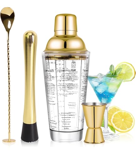Shaker à Cocktail En Verre Transparent Doré 400 Ml – Inclus Doseur Et Cuillère – Pour Bar à Domicile, Fêtes, Cadeau Barman - 3