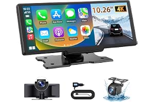 Trådlöst CarPlay & Android Auto 10,26-tums Display, Apple CarPlay med 4K-Dashcam & Backkamera, GPS-Navigation & Röststyrning, CarPlay-skärm för bilar – Enkel montering i personbilar, SUV:ar, skåpbilar