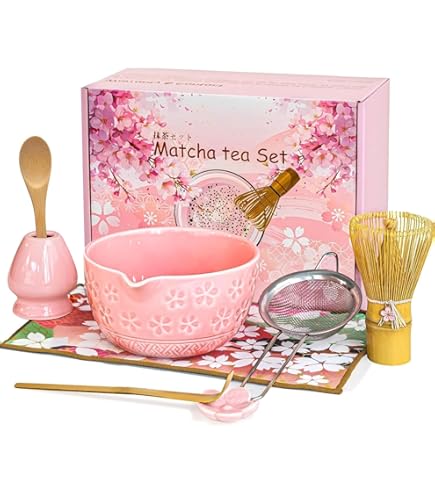 lompyeu Matcha Set, Stuk Matcha Tea Set met Matcha filterzeef, Matcha-klopper, Matcha schaal, Matcha Lepel Theedoekonderlegger, Cadeauset voor de Traditionele matcha bereiding (roze