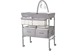 Maydolly Portable Baby Wickeltisch mit Rädern,Klappbar und höhenverstellbar, inklusive Sicherheitsgurt und Aufbewahrungsmöglichkeiten,platzsparender Wickeltisch (grau)