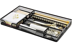 Annova Desk Drawer Organizer Tray for Office Organization - Metal Mesh - Storage Tray with Dividers for Pens, Desktop Accessories, Bathroom, Kitchen, Makeup and Office Supplies (Black)