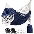 Anyoo Cotton Hammock with Tassels Portable Compact Outdoor Hammock with Hanging Straps and Carrying Bag for Garden Patio Porch Yard, Load 200KG Dark Blue