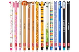 LEGAMI Lot de 14 stylos gel effaçables avec encre thermosensible, gamme de couleurs d’encre, forme conique, pointe de 0,7 mm, en forme d’animaux