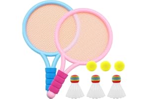 Aleker Kids Tennis Rackets,Badminton Rackets Set of 2 with 3 Tennis Balls and 3 Badmintons,Lightweight Pink Badminton Set for Kids,Tennis Set for Children Indoor Outdoor Sports Game