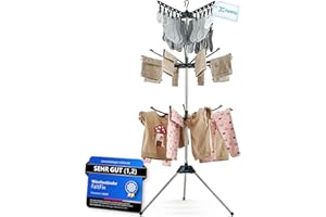 FaltFix Wäscheständer Turm platzsparend für Kleinwäsche Wäscheständer klappbar mit Sockenhalter Wäschespinne hoch Balkon Dusche innen und außen mit Wäscheklammern Turmwäscheständer schwarz weiß pink