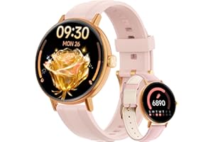 YOEVER Smart Watches for Women Answer Make Call,1.27" HD Dynamic Dial Fitness Watch with Heart Rate Slee SpO2，Leahter Ladies Smartwatch for iPhone,Samsung,Android,IP68 Waterproof,110+ Sport Mode-Pink Rose