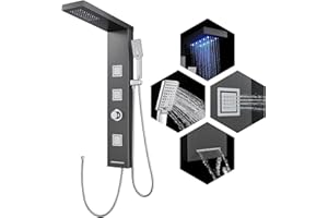 ROVOGO LED Duschpaneel ohne Armatur Grau, Duschsäule mit 4 Funktionen, Regendusche, Massagedusche, Handbrause und Wanneneinlauf für Badezimmer Dusche, Duschpaneele Edelstahl, Regendusche ohne Armatur