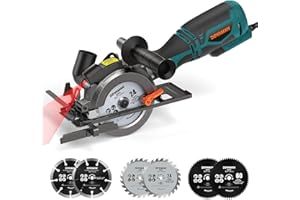 DOVAMAN Mini Sierra Circular con Láser, 710W, 3500rpm, Mango Auxiliar, 45° Corte en Bisel, Profundidad de Corte 29 a 43mm, 6 Hojas, para Madera, Metal Blando, Plástico, Azulejos-MCS01A