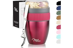 Milu Müslibecher to go 400ml MüsliMax I isolierter Edelstahl Joghurtbecher für Müsli I auslaufsicherer Becher mit Löffel für Yoghurt/Porridge (Berry)