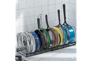 Teklemon Porta Coperchi Pentole, Portacoperchi Pentole Allungabile in Metallo Organizer Coperchi Pentole con 10 Scomparti Regolabili Portapentole Organizzatore Cucina per Padelle, Coperchi e Piatti