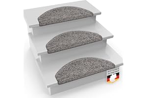 ‎CASA PURA casa pura Shaggy Stufenmatten Barcelona 15 Stück Set, weicher Hochflor Treppen-Teppich, Treppenstufen Matten, selbstklebend | halbrund | 65 x 23,5cm | Grau