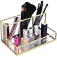 Ruhi Collections Metal and Clear Glass Cosmetic Organiser with 4 compartments and Beautiful Gold Plating Decorative Cosmetics Holder Beauty Display [Size - 8 x 5 x 4 inches]