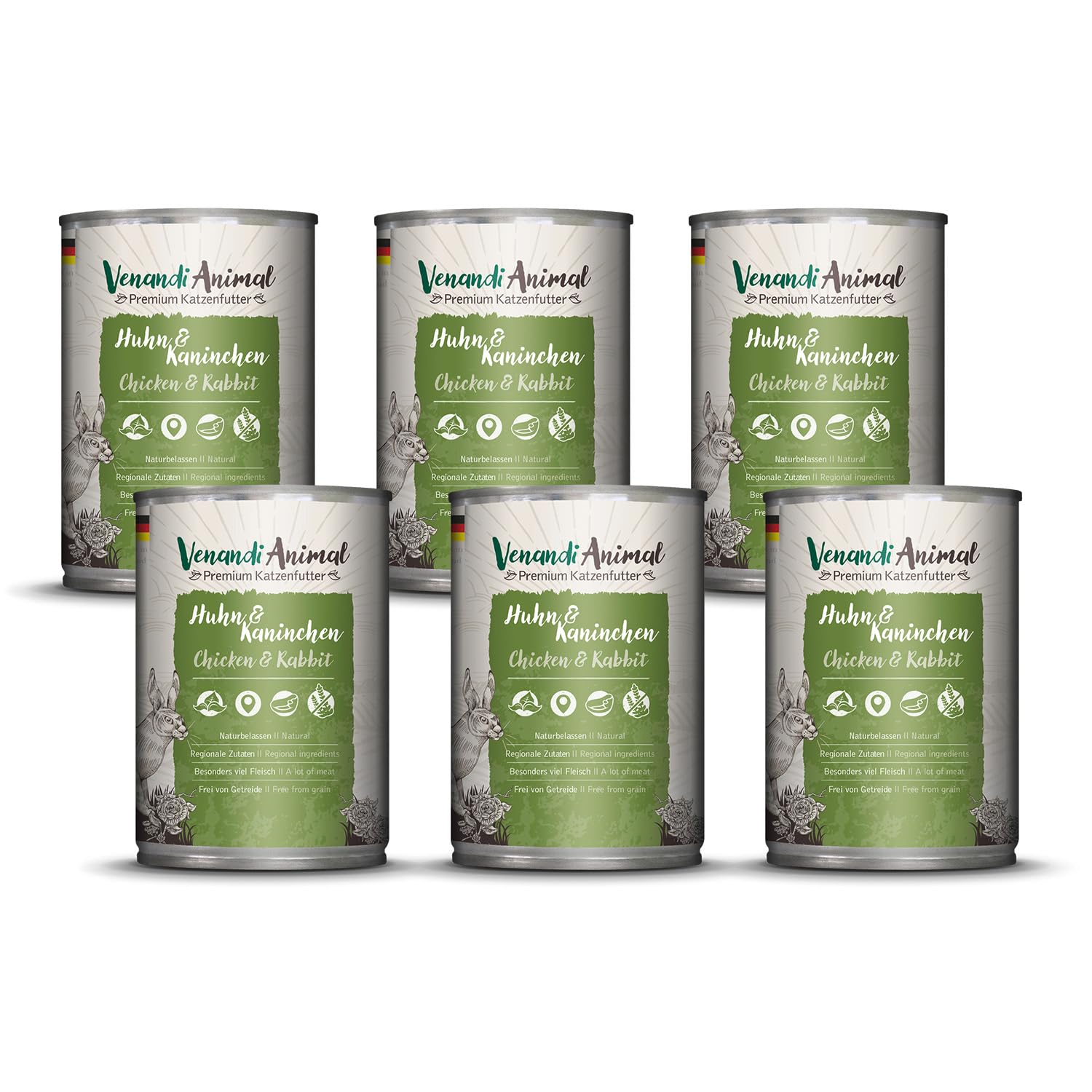 Venandi Animal, Comida húmeda para Gatos, Pollo y Conejo 6 x 400 g, Pack de 6, sin Cereales con Carne