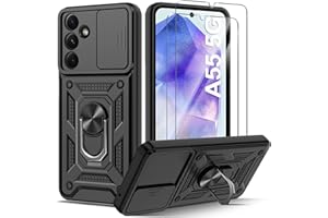 Guisessy Funda para Samsung Galaxy A55 5G Armor Cubierta de cámara Deslizante Proteger con 2 Cristal Templado Protector,360 Anillo Soporte PC y Silicona TPU Case (Negro)