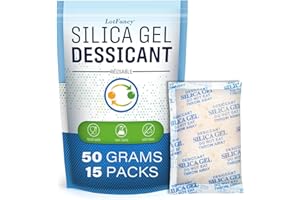 LotFancy Silica Gel Essiccante 50g 15 Pacchi, Gel di Silice Riutilizzabile Essiccate con Indicatore di Perle d'Arancia, Per l'Essiccazione degli Alimenti e la Conservazione