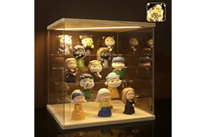 ACRLIE 5 Steps Acrylic Display Case with Woodgrain Base, Collectibles Display Shelf, Display Boxes for Collectibles Dustproof Protection Showcase (Woodgrain-Ceiling Light Version, 5 Steps-Transparent)