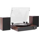 Audizio RP325W Two-Way Bluetooth Turntable Brown Finish | Built-in two-way Bluetooth and RCA output, 3 speeds, stereo sound,