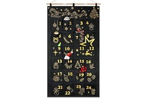 DPKOW Brodé Tissu Calendrier de l'Avent à Remplir, Noir Or Vide Calendrier de l'Avent a Faire Soi Même Calendriers de Noël Reutilisable, Pochon Grand, Brodé Motif Or