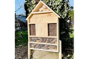 DARLUX Hotel de insectos de madera maciza, hecho a mano, tamaño XL, con soporte, 97 x 56 x 12 cm (alto x ancho x profundidad), abejas silvestres, nido, hotel de abejas, casa de insectos, resistente a