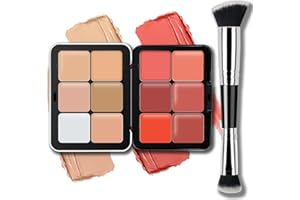 Noerrors 12 Colors Cream Contour Blush Palette, Colour Fix Concealer Foundation Face Sculpting Bronzer Blusher Highlighter Palette Matte Long Wearing Smudge Proof Blendable Makeup with Brush#01
