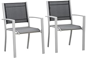 Outsunny Garden Chairs Set Of 2 Outdoor Chairs with Steel Frame Texteline Seats for Dining Patio Balcony Grey Black