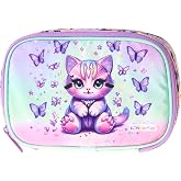 Kaukko Kids Mor Kedi Desenli Yeşil - Mor Kız &Ccedil;ocuk Organizer Kalem &Ccedil;antası - Kalemlik - L5294