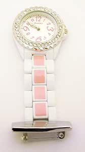 Henley Glamour Crystal Studded White Pink Enameled Nurse's Fob Watch Dial in Sun Set In A Smart Presentation Box Engagement Ring hf01.2