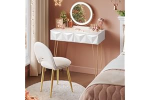 EUGAD Tocador de Maquillaje con Luz y Taburete, Conjunto de Tocador con Espejo con Silla Terciopelo, con 2 Cajones, Blanco + Dorado, 0056SZT
