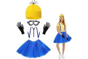 JUNMALLKO Costume Minion, Accessoires de Déguisement Minion, 5 Pièces Accessoires de Costume Carnaval avec Lunettes, Bonnet Tricoté Jaune, Gants Noirs, Courroie et Tutu Bleu, Accessoires de cosplay d'Halloween