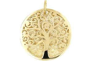 FORME DI LUCCHETTA Lucchetta - Colgante Arbol de la Vida de Oro Amarillo de 14 quilates, Medalla Diamantada diámetro 17 mm, Colgantes para Mujer Niña