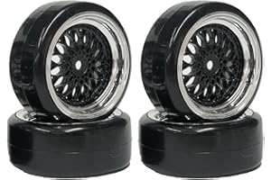 4Stück 1/10 RC Drift Autoreifen,KINGCOO 63mm RC Felge Hart Drift Kunststoffbeschichtung Rad Reifen Felgen für 1:10 RC On Road Run-Flating Racing Car für Tamiya HSP HPI Kyosho(Schwarz Silber)