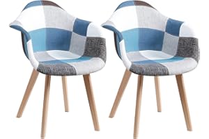 EGOONM Lot de 2 fauteuils Patchwork, chaises de Salle à Manger en Lin Idéal pour Salle à Manger, Salon, café, etc. (Bleu)