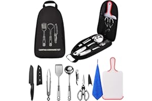Sadodo Camping Cooking Untensils Accessories Set,9PCS Camping Kitchen Utensils Organizer,Stailess Steel Multifunctional Cutter Spoon Spatula cleaning cloth With Storage Bag