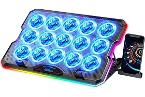 AIMIUZI Laptop Cooling Pad, Gaming Laptop Fan Cooler with 15 Quiet Fans for 12-17.3 Inch Notebook, Slim Portable RGB Laptop Cooling Stand with 7 Height Adjustable,2 USB Ports, Phone Stand