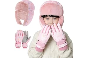 Yirochan Winter Trapper Hat Kids Earflap Hat, Cute Toddler Warm Hat and Ski Gloves Set for Child, Outdoor Skating Skiing Windproof Thermal Thicken Beanie Cap Long Earflap for Boys Girls Aged 3-8