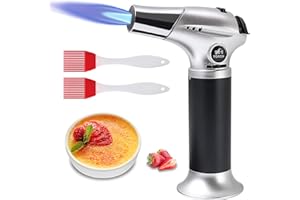 flintronic Chalumeau de Cuisine, Torche Rechargeable avec Verrou de Sécurité, Flamme Réglable avec 2 Pinceaux Silicone et Buses pour Cuisson, Barbecue, Pâtisseries, Soudure, Camping(Butane Non Inclus)