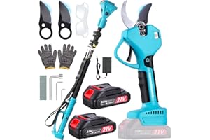 VOTHEN Tijeras de Podar Eléctricas 50mm, tijeras de podar telescópicas con Pértiga 2m- 2 Baterías 21V/2.0Ah, Pantalla Digital, 2 Hojas SK5, Ideal para Viñedos, Jardinería y Granjas (Azul Agua)