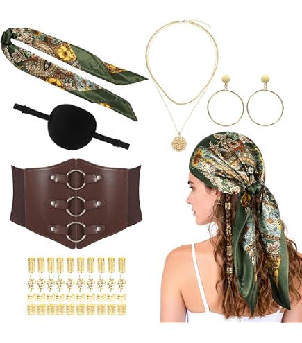magimagi Piratenkostüm Damen, Piraten Kostüm Frauen, Mittelalter Piratenkostüm Zubehör mit Kopftuch Augenklappe Ohrringe Halskette Armband Hüfte Tuch Taillengürtel, für Karneval, Fasching magimagi Piratenkostüm Damen, Piraten Kostüm Frauen, Mittelalter Piratenkostüm Zubehör mit Kopftuch Augenklappe Ohrringe Halskette Armband Hüfte Tuch Taillengürtel, für Karneval, Fasching