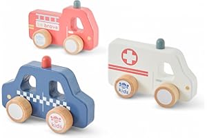 Just bee kids Wooden Emergency Vehicles Set | Boys & Girls 10+ Months | FSC Certified Sustainable Wood | Pastel Colours | Smooth Edges | Fire Engine, Police Car, Ambulance | Kids Toys Gifts