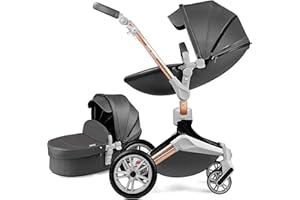 Hot Mom lujo 360 grados de rotación cochecito de bebé, cuero de la PU, la reversibilidad, el ángulo del asiento ajustable, moisés y asiento combo alto paisaje cochecito, gris oscuro 2 en 1