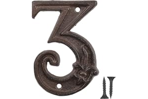Vandicka Numero Civico in Ghisa 3, Numero Porta Esterno, Numero Indirizzo - Finitura Marrone Ruggine in Stile Country con Goffratura Fleur de Lis, Viti Abbinate Incluse, Altezza 109 mm