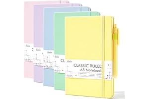 feela Lot de 5 Carnet de Notes A5 avec 5 Stylos Noirs, Carnet A5 Ligné Classique à Couverture Rigide, Carnet de Notes Cuir pour Travail et Prise de Notes, 128 Pages, 120 gsm, Couleurs Pastel