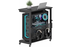 Rebonique Höhenverstellbarer Computer Tower Ständer,PC Ständer mit Rollen&Schlitz&Haken,2 Schicht Computer Stand,PC Rollwagen,Druckerständer,CPU Stand für Heimbüro,Schreibtisch,Computertisch,Schwarz