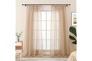 L.Z.E Sheer Curtains for Living Room, Beige Curtains & Drapes for Bedroom Nursery Track System Bay Windows, 96 Inch Drop & Long Pencil Pleat Sheer Curtains, 2er Set Light Linen Look