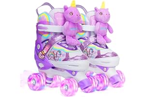 WESKIFAN Pattini a Rotelle Bambina Bambola Unicorno Regolabili Pattini a 4 Ruote con Tutte Ruote LED per Bambina Ragazza Principianti Regalo di Compleanno Natale