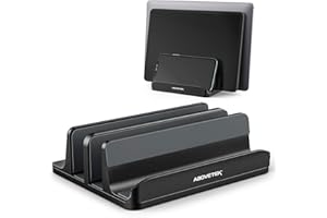 AboveTEK Pionowy stojak na laptopa, 3 przegródki na komputer, tablet, telefon - pasuje do wszystkich modeli laptopów (do 43.9 cm) - wytrzymały uchwyt biurkowy z polerowanego aluminium, antypoślizgowe