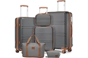 Kono Maletas de Viaje Juegos de 6 Piezas de ABS Ligero Duro Shell Trolley Case con Cerradura TSA 20" 24" 28" Maleta, 12" Estuche Cosmético, Bolsa Duffel y Neceser (Gris con Marrón)