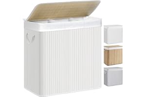 SONGMICS Cesto Portabiancheria, 150 L, Cesta Biancheria a 3 Scomparti in Bambù, Coperchio, Maniglie, Pieghevole, Sacco Rimovibile e Lavabile in Lavatrice, Lavanderia, Casa, Bagno, Bianco LCB091W01